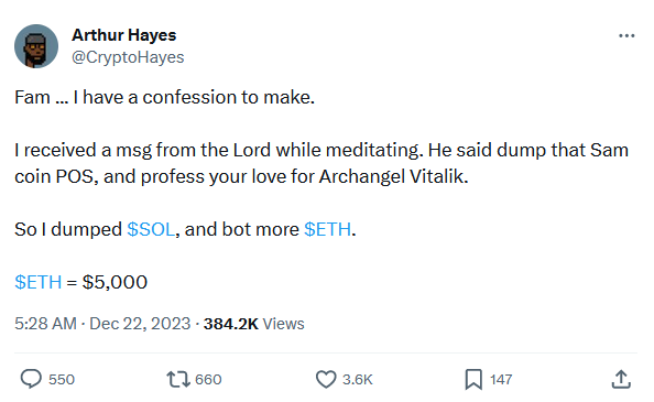 BitMEX Founder Swaps SOL for ETH After ‘Spiritual Revelation’